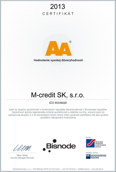 Certifikát AA - Hodnotenie vysokej dôveryhodnosti